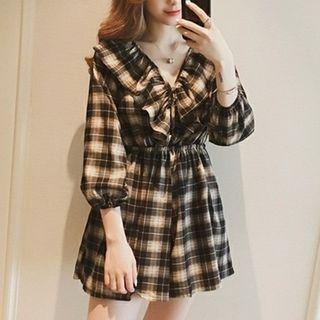 3/4-sleeve Ruffled Plaid Wide-leg Playsuit