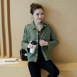 Letter Embroidered Back Fray Hem Jacket