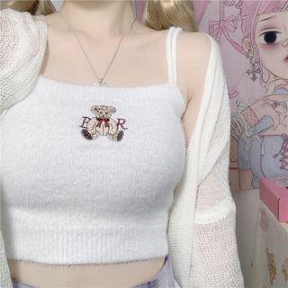 Bear Embroidered Cropped Camisole Top