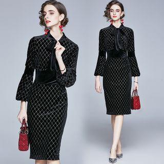 Balloon-sleeve Tie-neck Sheath Velvet Dress