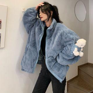 Bear Accent Zip-up Furry Jacket