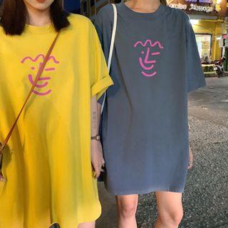 Elbow-sleeve Plain Crew-neck Loose-fit Print Shift Dress