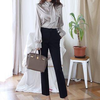 Set: Bow Accent Blouse + Cropped Straight-fit Pants