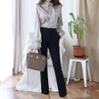 Set: Bow Accent Blouse + Cropped Straight-fit Pants