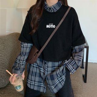 Plaid Shirt / Elbow-sleeve Lettering Cropped T-shirt