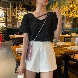 Glitter Cut-out Short-sleeve T-shirt Black - One Size