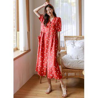 Pocket-side Maxi Dotted Dress With Sash