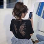 Short-sleeve V-neck Butterfly Embroidered Top