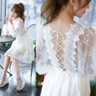 Gathered-waist Crewneck Tie-back A-line Lace Dress