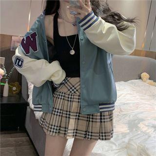 Long-sleeve Color-block Bomber Jacket / Plaid Pleated Mini Skirt