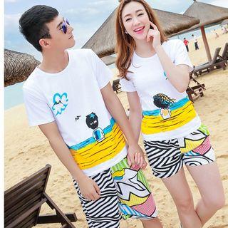 Couple Matching Set : Printed Short-sleeve T-shirt + Swim Shorts