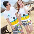 Couple Matching Set : Printed Short-sleeve T-shirt + Swim Shorts