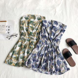 Off-shoulder Leaf Print Jumper Shorts