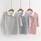Embroidered Elbow-sleeve Striped Polo Shirt