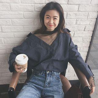 Inset Mesh Top Plaid Blouse