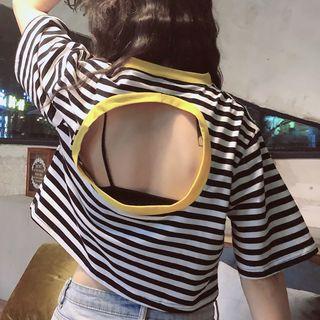 Elbow-sleeve Striped Open-back T-shirt As Shown In Figure - One Size