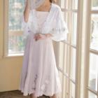 Spaghetti Strap Embroidered Midi A-line Dress / Elbow-sleeve Tie-front Jacket