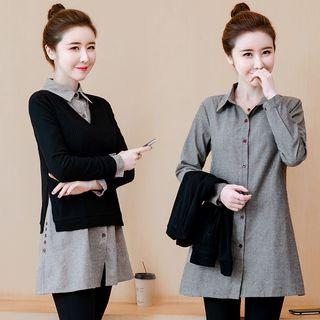 Set: Plain Shirt + V-neck Long-sleeve Knit Top