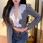 Houndstooth Lace Trim Cropped Blouse