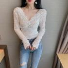 Lace Cutout V-neck Long-sleeve Top White - One Size