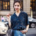 Floral Print Elbow-sleeve Shirt Retro Blue - One Size
