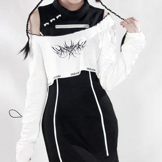 Long-sleeve Print Cropped T-shirt / Mini Sheath Tank Dress