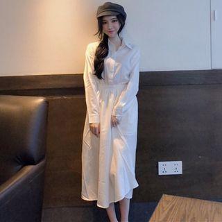 Plain Long-sleeve Drawstring Shirt Dress White - One Size
