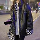 Faux Leather Oversized Stand-collar Long-sleeve Jacket Black - One Size