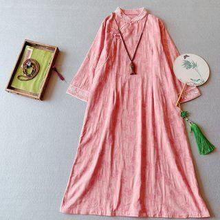 Long-sleeve Embroidered Linen Midi A-line Qipao Dress