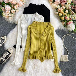 V-neck Ruffled Long-sleeve Knit Top