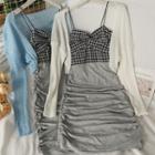 Set: Patchwork Sleeveless Ruched Mini Dress + Buttonless Light Cardigan