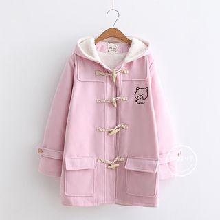 Bear Embroidered Hooded Toggle Coat