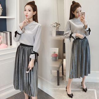 Set: Long-sleeve Top + Pleated Velvet Midi Skirt
