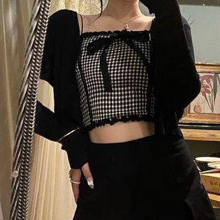Bow-detail Check Camisole / Plain Knit Cardigan