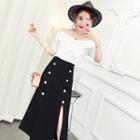 Set: Off-shoulder Elbow-sleeve Knit Top + Slit Midi Skirt