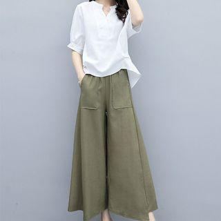 Set: Puff-sleeve Open-placket Blouse + Wide Leg Cropped Pants