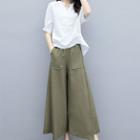 Set: Puff-sleeve Open-placket Blouse + Wide Leg Cropped Pants