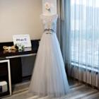 Lace Panel Tulle Evening Gown