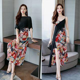 Set: Asymmetric Hem Wrapped Top + Spaghetti-strap Slit Print Dress