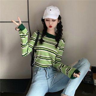 Color-block Crewneck Knit Long-sleeve Top Green - One Size