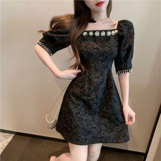Square Neck Beaded Mini A-line Dress