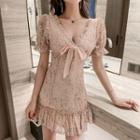 Sequined Lace Puff-sleeve Bow Mini A-line Dress