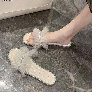 Rhinestone Ruffle Mesh Flat Slide Sandals