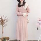 Set: Mesh Panel Cable Knit Sweater + Maxi Tank Dress Pink - One Size