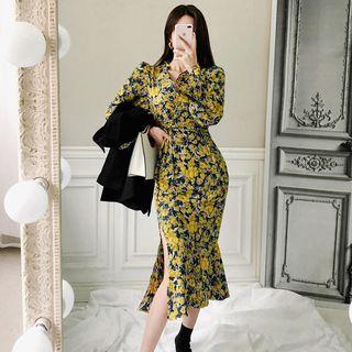 Floral Print Long-sleeve Midi Mermaid Sheath Dress