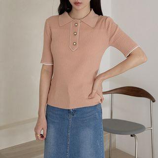 Piped Faux-pearl Knit Polo Shirt