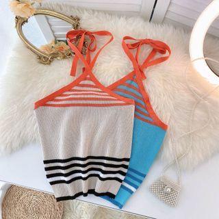 Color Panel Striped Halter Suspender Knit Top