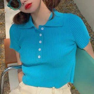 Polo Collar Knit Short-sleeve Cropped Top