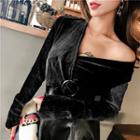 Long-sleeve Wrap Top / A-line Faux Leather Skirt