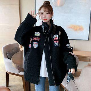 Stand Collar Embroidered Fleece Coat